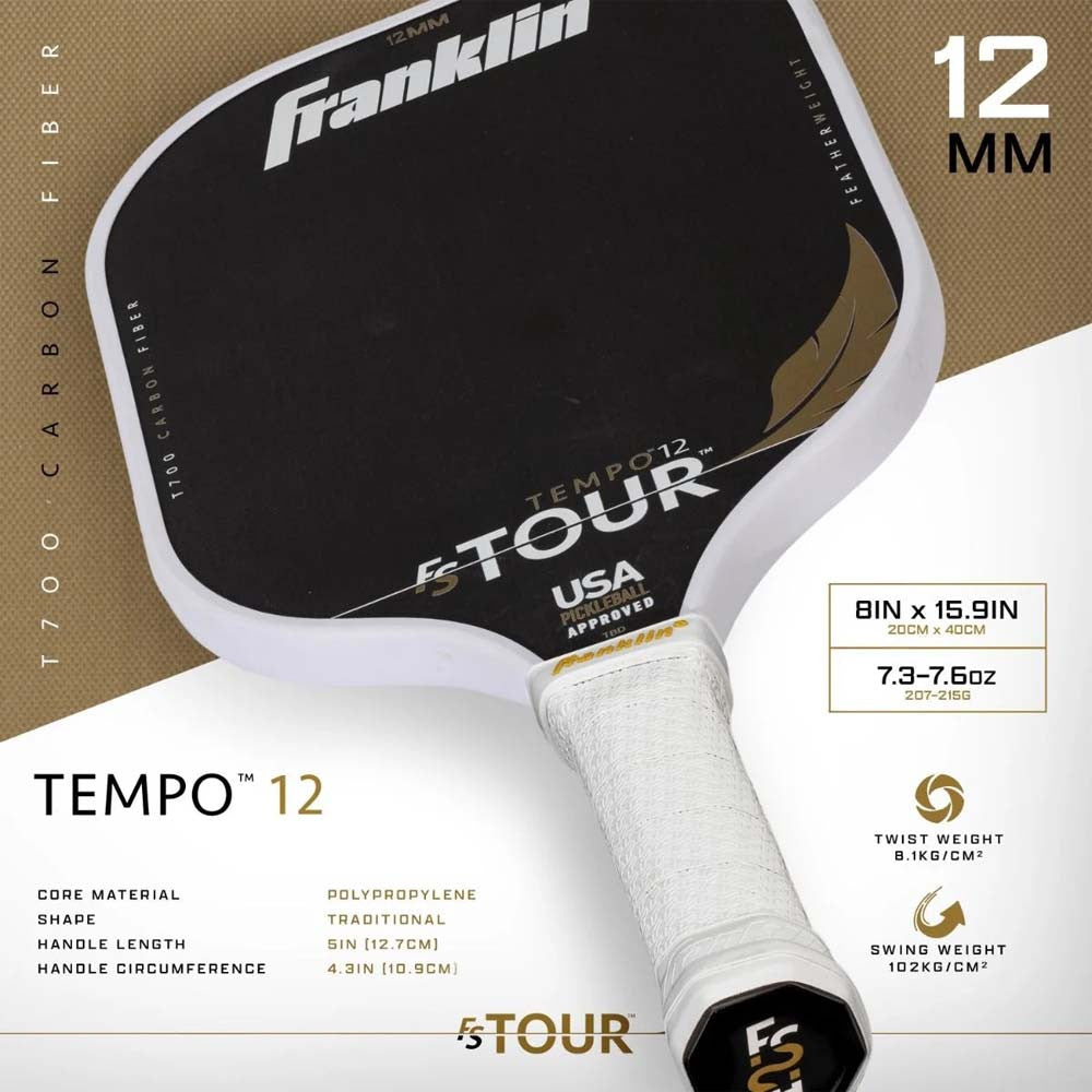 Pickleball Franklin FS Tour Featherweight Series Tempo 12mm Pickleball Paddle White