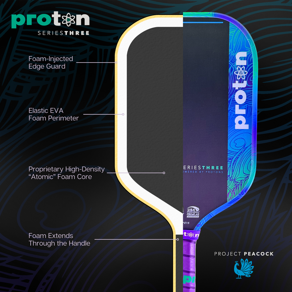 Pickleball Proton Series Three Project Peacock 13mm Elongated Pickleball Paddle