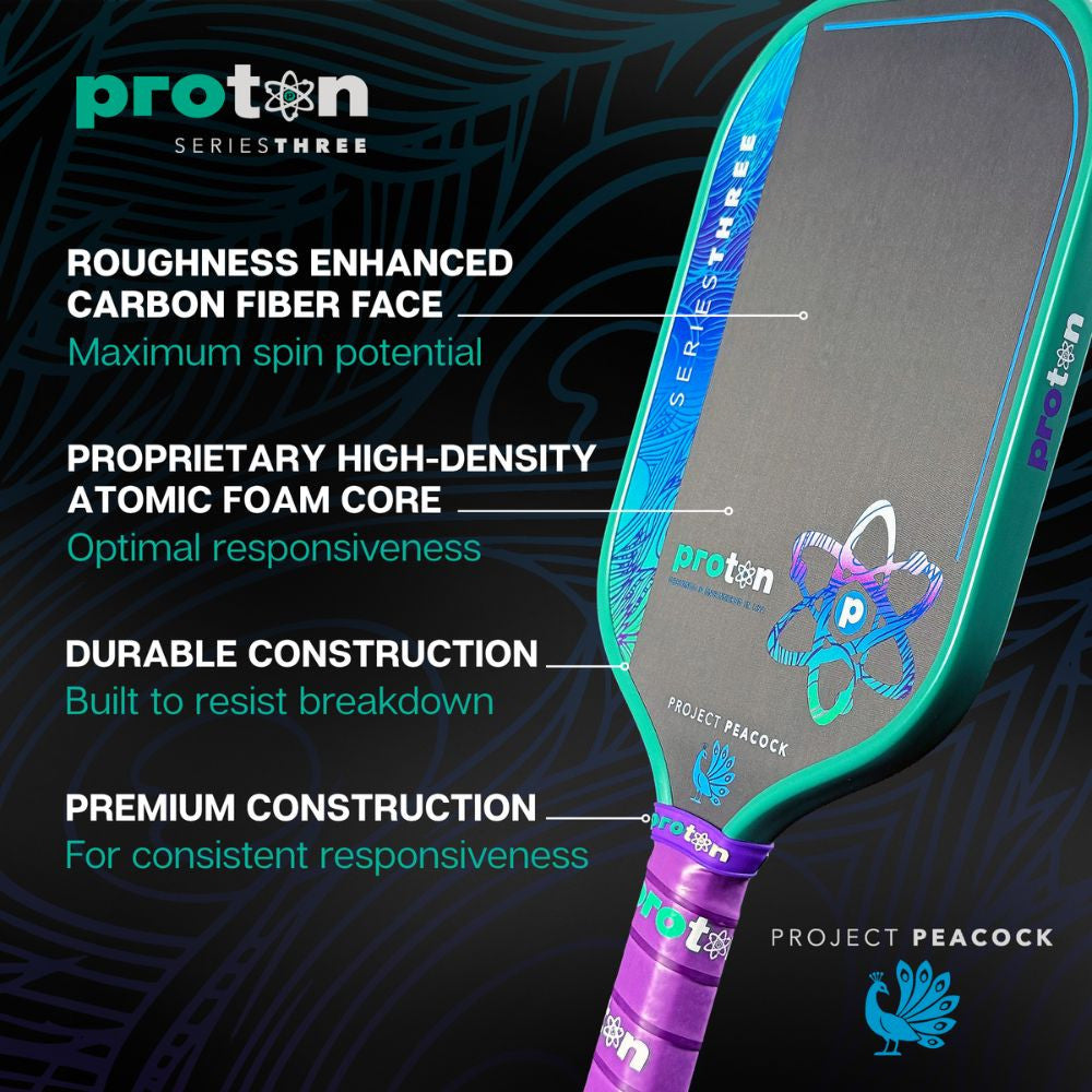 Pickleball Proton Series Three Project Peacock 13mm Elongated Pickleball Paddle