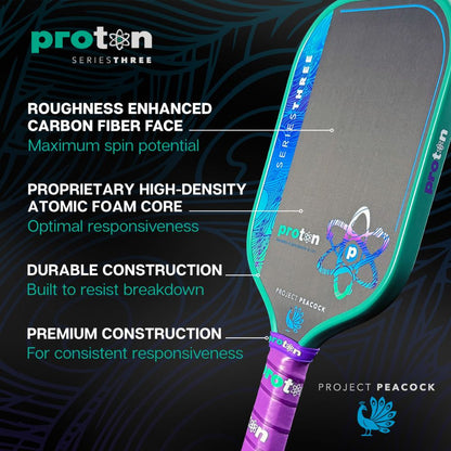 Pickleball Proton Series Three Project Peacock 13mm Elongated Pickleball Paddle