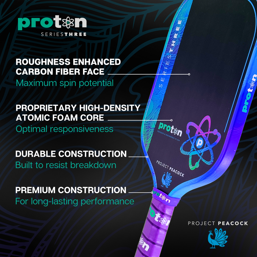 Pickleball Proton Series Three Project Peacock 13mm Elongated Pickleball Paddle