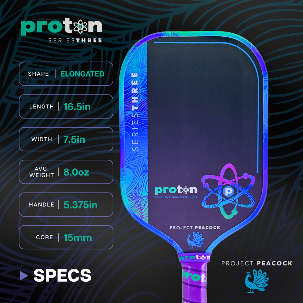 Pickleball Proton Series Three Project Peacock 15mm Elongated Pickleball Paddle