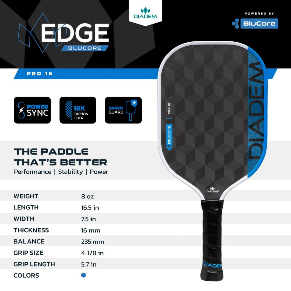 Pickleball Diadem Edge BluCore Pro 16mm Pickleball Paddle Blue