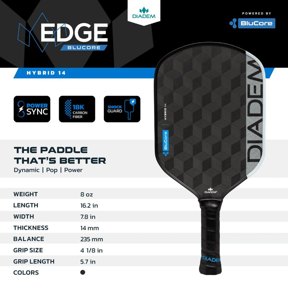 Pickleball Diadem Edge BluCore Hybrid 14mm Pickleball Paddle Black