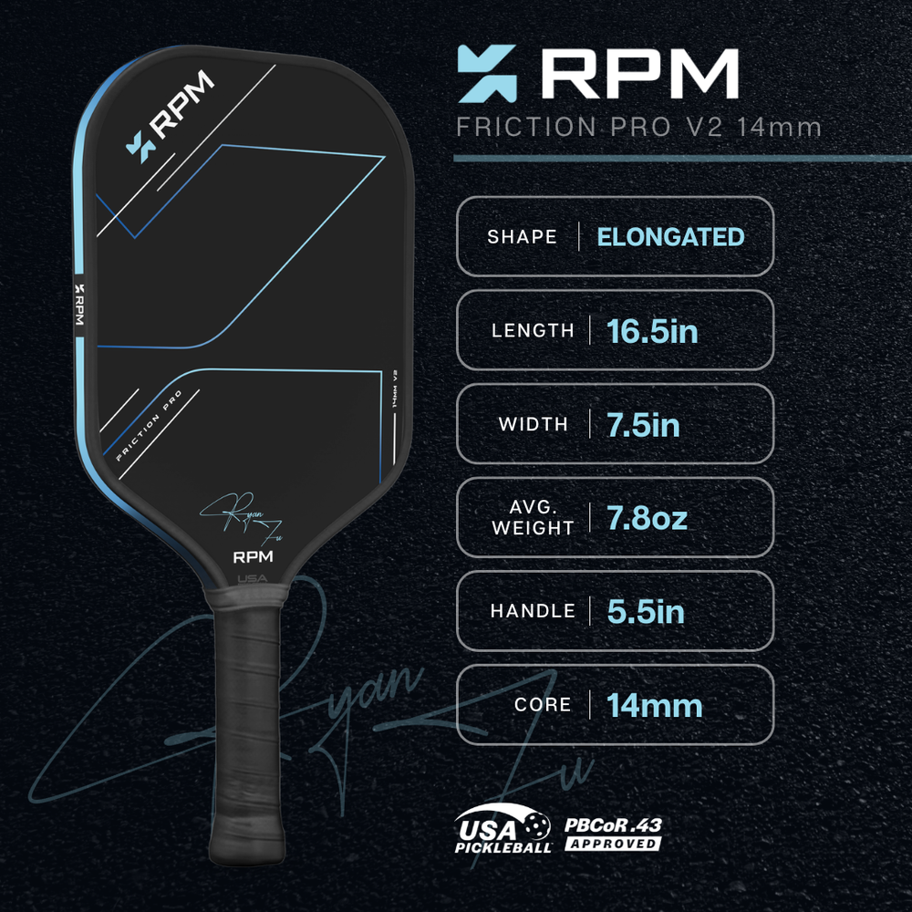 Pickleball RPM Friction Pro Elongated V2 Carbon Fiber Pickleball Paddle