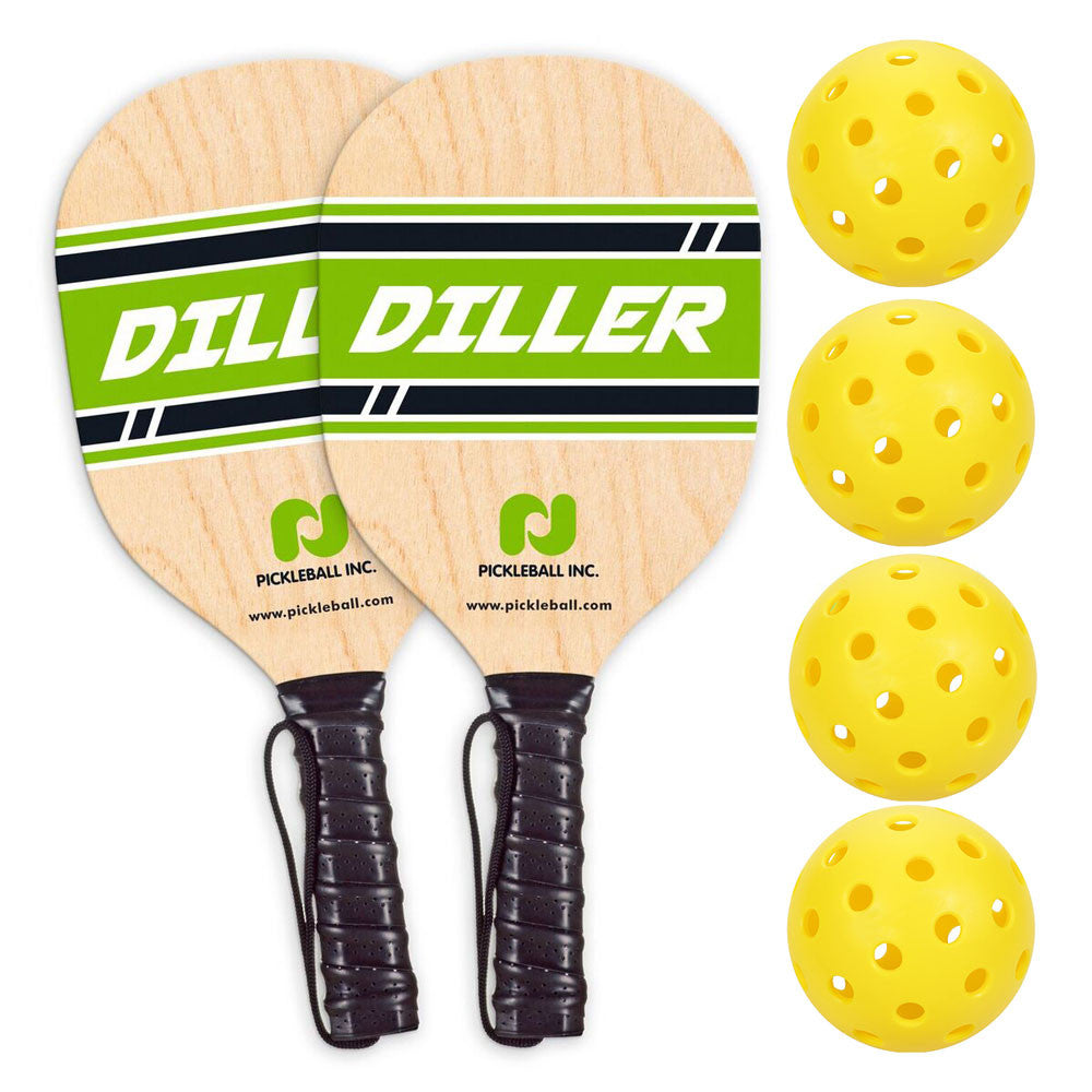 Pickleball Diller Wood Pickleball Paddle 2 Pack Bundle with 4 Pickleballs
