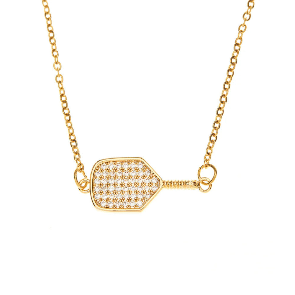 Pickleball Born to Rally Pickleball CZ Paddle Necklace Gold