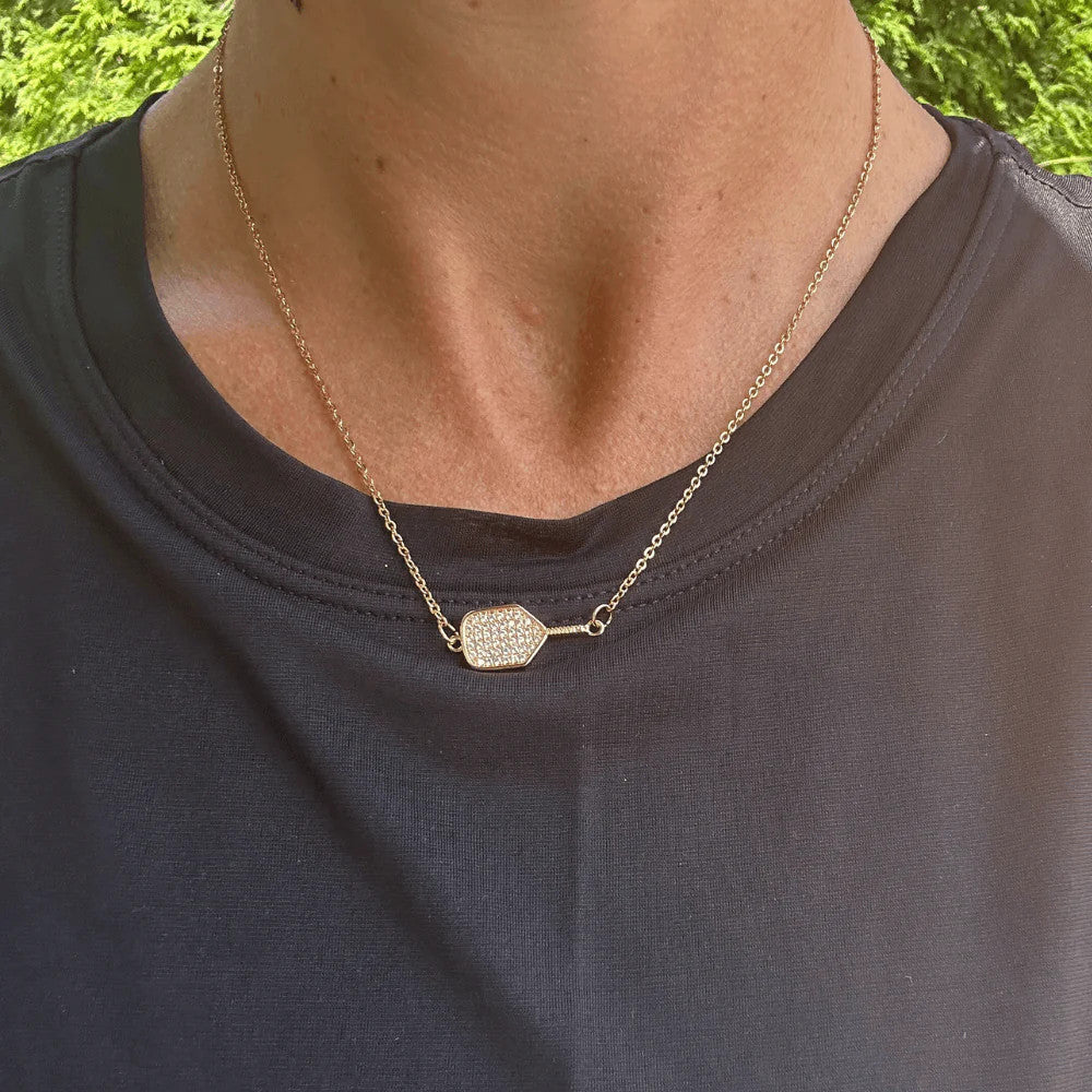 Pickleball Born to Rally Pickleball CZ Paddle Necklace Gold