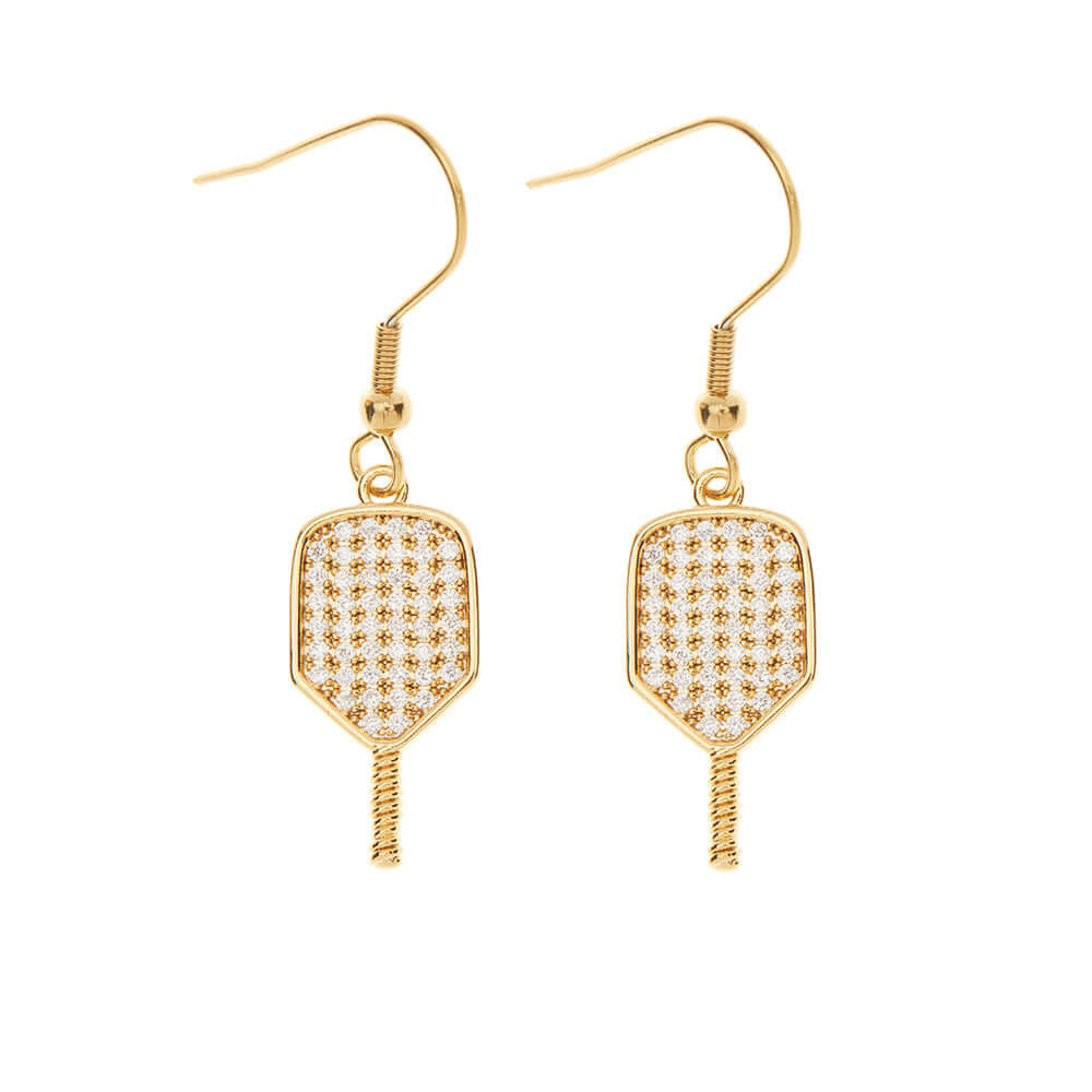 Pickleball Born to Rally Pickleball Paddle CZ Dangle Earrings Gold
