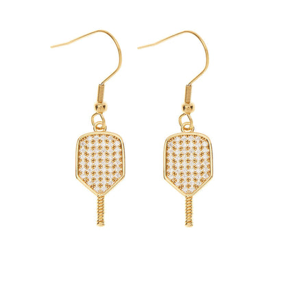 Pickleball Born to Rally Pickleball Paddle CZ Dangle Earrings Gold