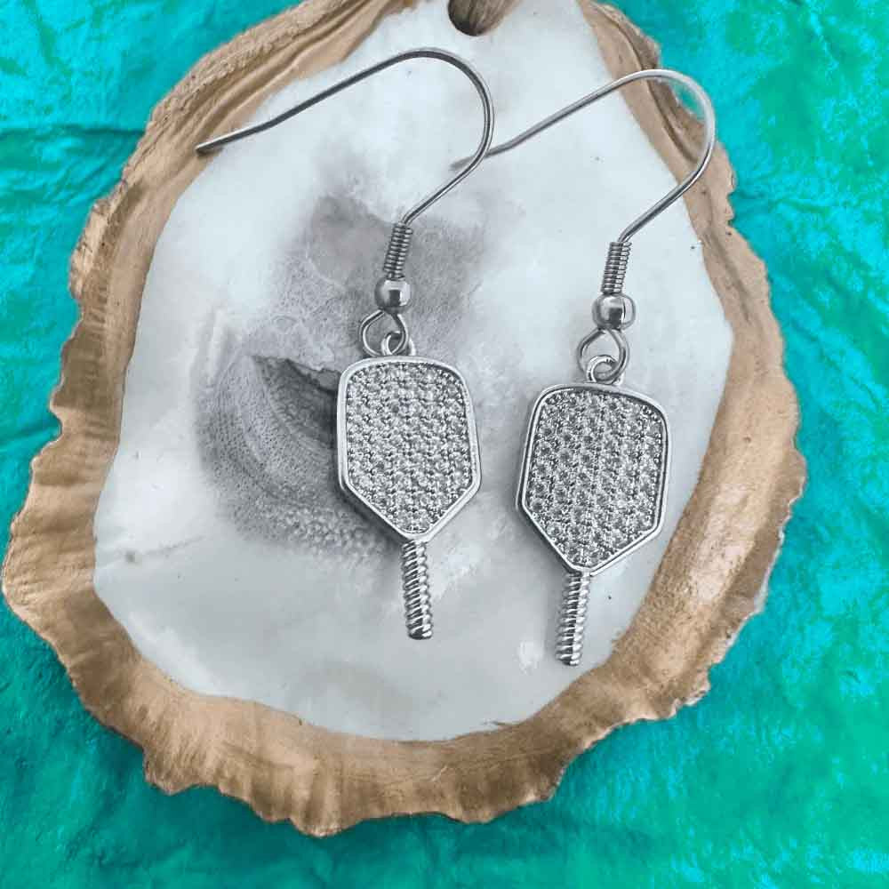 Pickleball Born to Rally Pickleball Paddle CZ Dangle Earrings Gold
