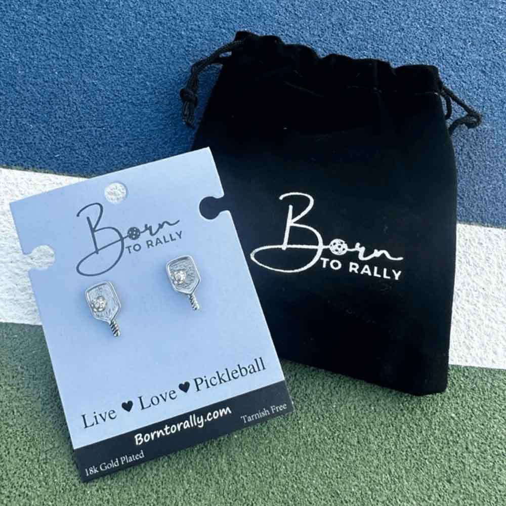Pickleball Born to Rally Pickleball Paddle Stud Earrings Gold
